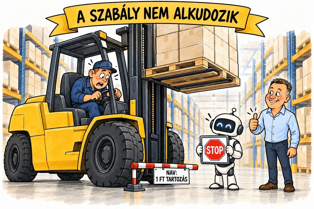 Karikatúra: a robot STOP táblával megállítja a targoncát, a sorompón NAV: 1 Ft tartozás felirat